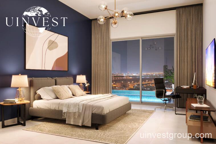 Architectural rendering of Pearlz by Danube’s 13-storey residential building in Al Furjan, Dubai, showcasing a clean contemporary façade, private balconies, infinity pool, landscaped podium gardens, water features, and a retail podium at street level