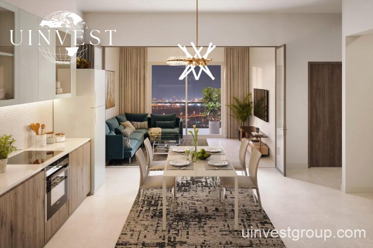 Architectural rendering of Pearlz by Danube’s 13-storey residential building in Al Furjan, Dubai, showcasing a clean contemporary façade, private balconies, infinity pool, landscaped podium gardens, water features, and a retail podium at street level