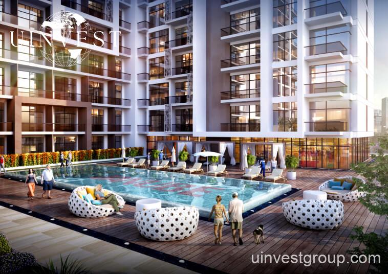 Landscaped podium gardens with barbecue areas and vertical garden walls at Jewelz by Danube