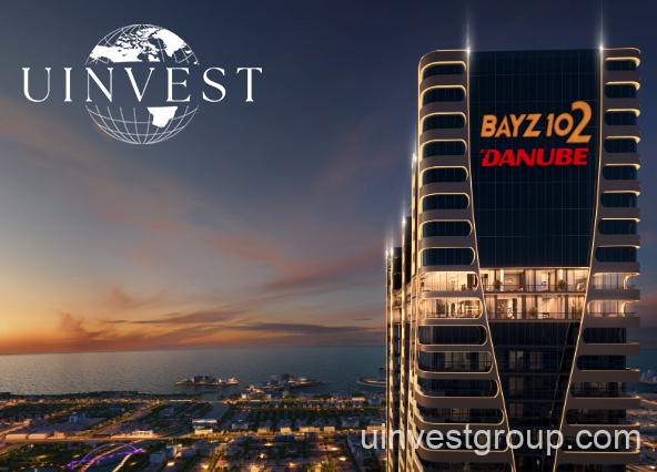 "Exterior view of Bayz 102 by Danube, a modern high-rise residential building located on Marasi Drive in Business Bay, Dubai."