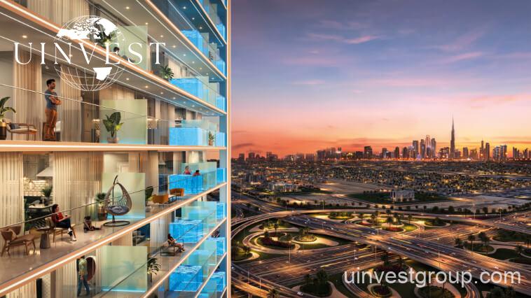 Exterior view of Oasiz by Danube in Dubai Silicon Oasis, a 38-storey glass-clad tower with landscaped podium and central pool.