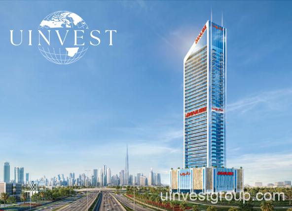 Exterior view of Oasiz by Danube in Dubai Silicon Oasis, a 38-storey glass-clad tower with landscaped podium and central pool.