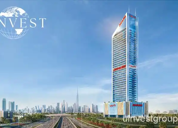 Exterior view of Oasiz by Danube in Dubai Silicon Oasis, a 38-storey glass-clad tower with landscaped podium and central pool.