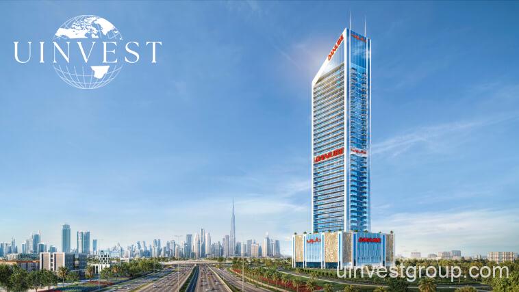 Exterior view of Oasiz by Danube in Dubai Silicon Oasis, a 38-storey glass-clad tower with landscaped podium and central pool.