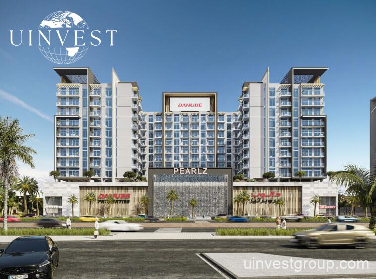 Architectural rendering of Pearlz by Danube’s 13-storey residential building in Al Furjan, Dubai, showcasing a clean contemporary façade, private balconies, infinity pool, landscaped podium gardens, water features, and a retail podium at street level