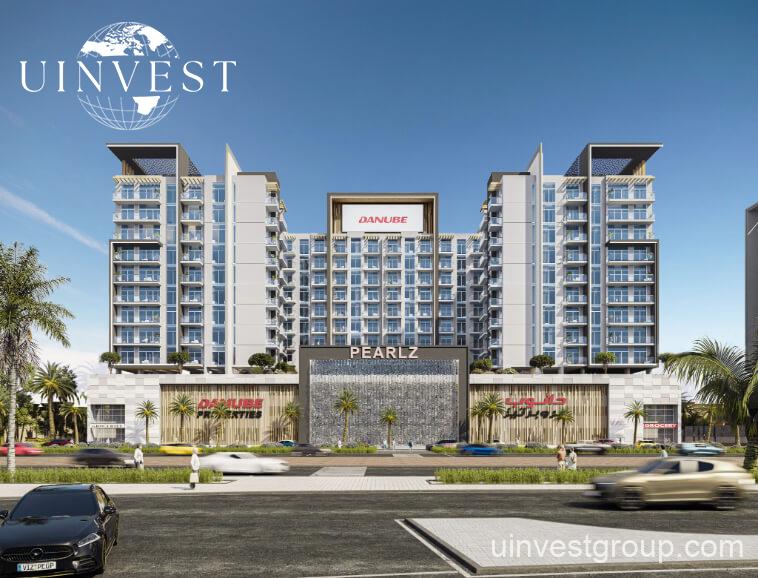 Architectural rendering of Pearlz by Danube’s 13-storey residential building in Al Furjan, Dubai, showcasing a clean contemporary façade, private balconies, infinity pool, landscaped podium gardens, water features, and a retail podium at street level