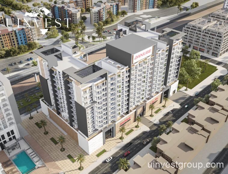 Architectural rendering of Pearlz by Danube’s 13-storey residential building in Al Furjan, Dubai, showcasing a clean contemporary façade, private balconies, infinity pool, landscaped podium gardens, water features, and a retail podium at street level