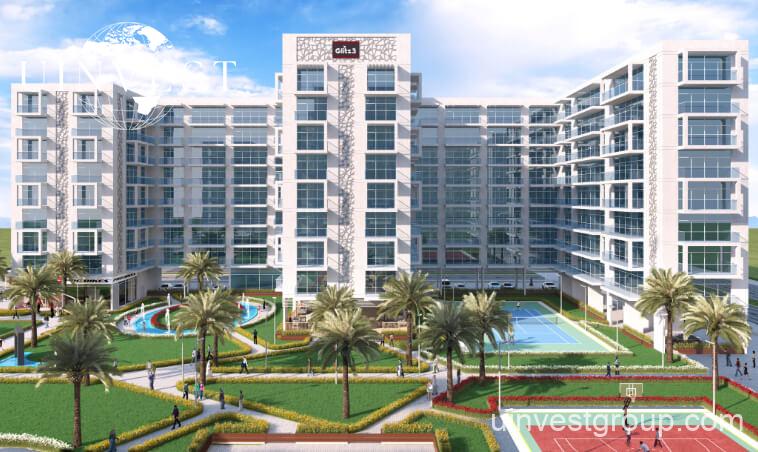 Open-plan studio apartment interior at Glitz by Danube featuring floor-to-ceiling windows