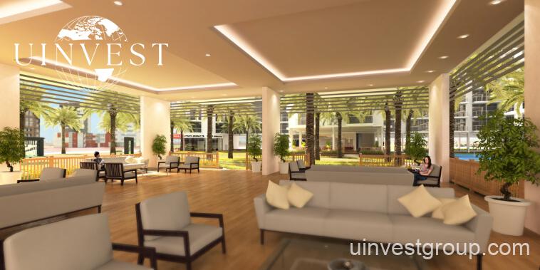 Open-plan studio apartment interior at Glitz by Danube featuring floor-to-ceiling windows