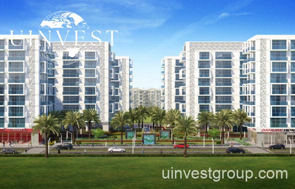 Open-plan studio apartment interior at Glitz by Danube featuring floor-to-ceiling windows