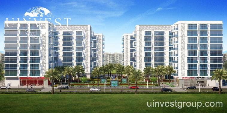 Open-plan studio apartment interior at Glitz by Danube featuring floor-to-ceiling windows