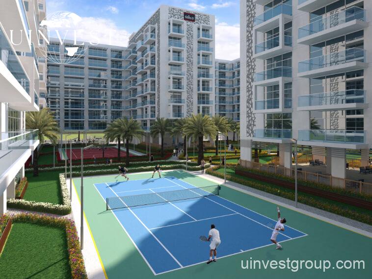 Open-plan studio apartment interior at Glitz by Danube featuring floor-to-ceiling windows