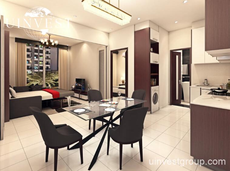 Exterior rendering of Lawnz by Danube Properties in Dubai International City, showing four eight-storey, country-themed freehold apartment buildings with pastel facades, geometric motifs, private balconies, surrounded by landscaped gardens, a community swimming pool, outdoor sports courts, and palm trees under a bright blue sky.