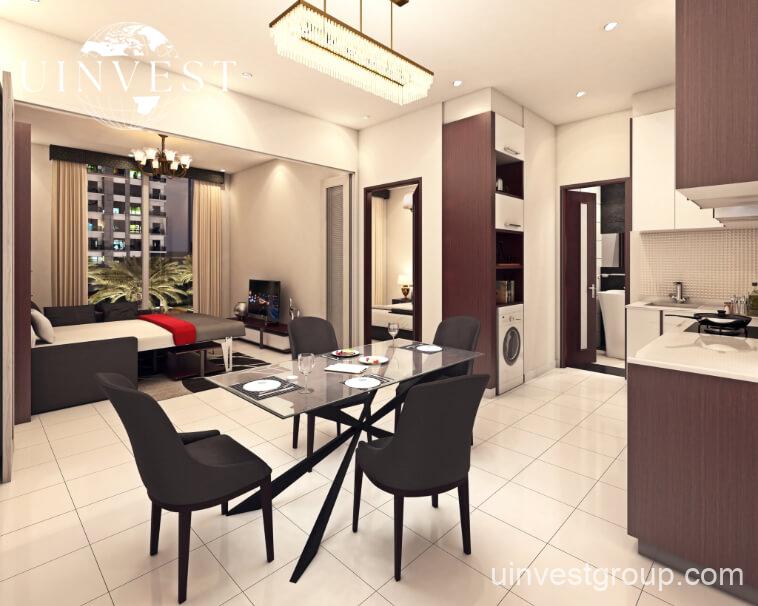 Exterior rendering of Lawnz by Danube Properties in Dubai International City, showing four eight-storey, country-themed freehold apartment buildings with pastel facades, geometric motifs, private balconies, surrounded by landscaped gardens, a community swimming pool, outdoor sports courts, and palm trees under a bright blue sky.