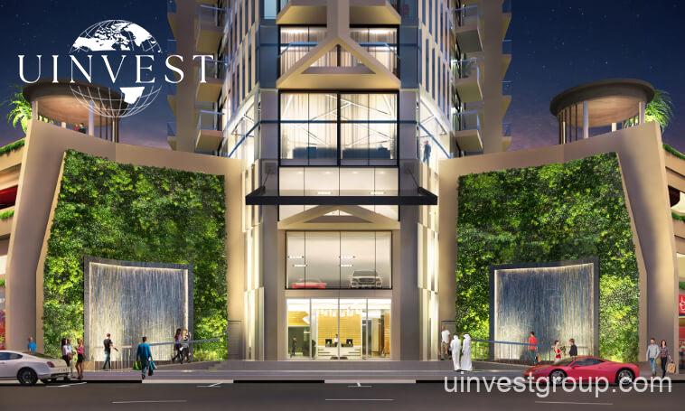 xterior view of the Miracelz project by Danube in Dubai showcasing modern freehold apartments with balconies and landscaped gardens.