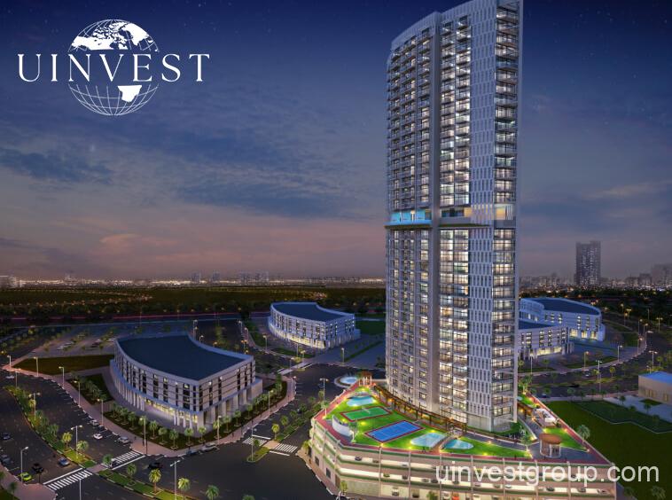xterior view of the Miracelz project by Danube in Dubai showcasing modern freehold apartments with balconies and landscaped gardens.
