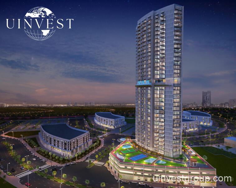 xterior view of the Miracelz project by Danube in Dubai showcasing modern freehold apartments with balconies and landscaped gardens.
