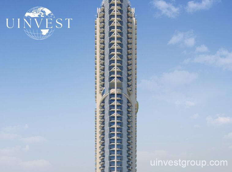 xterior view of the Miracelz project by Danube in Dubai showcasing modern freehold apartments with balconies and landscaped gardens.