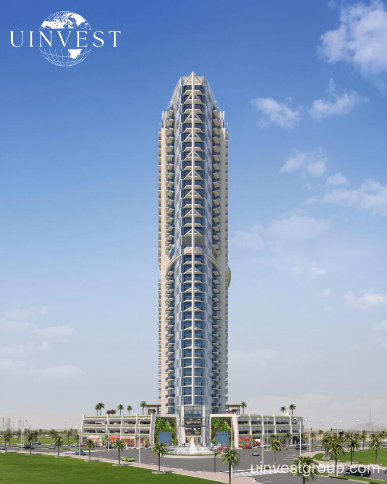 xterior view of the Miracelz project by Danube in Dubai showcasing modern freehold apartments with balconies and landscaped gardens.