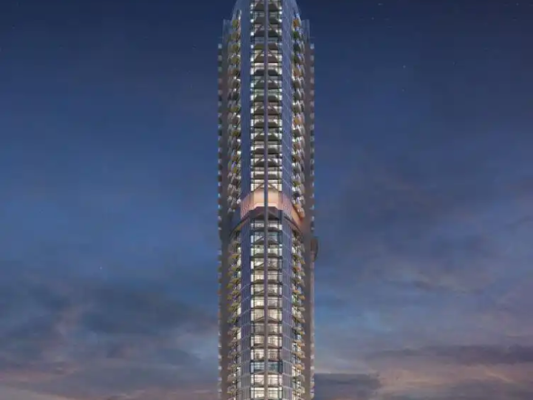 xterior view of the Miracelz project by Danube in Dubai showcasing modern freehold apartments with balconies and landscaped gardens.