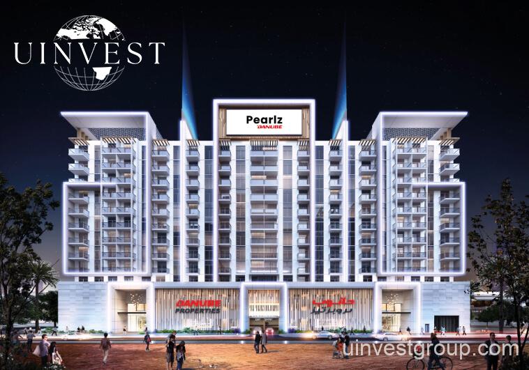 Architectural rendering of Pearlz by Danube’s 13-storey residential building in Al Furjan, Dubai, showcasing a clean contemporary façade, private balconies, infinity pool, landscaped podium gardens, water features, and a retail podium at street level