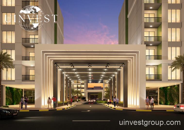 Rendering of Olivz by Danube’s modern residential towers in Al Warsan First, Dubai, featuring neutral-toned façades, landscaped gardens, water features, and swimming pools.
