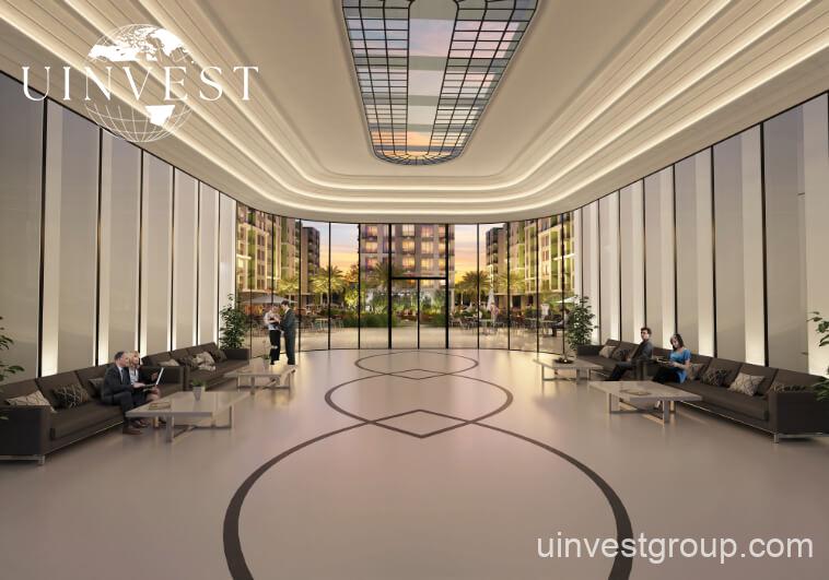 Rendering of Olivz by Danube’s modern residential towers in Al Warsan First, Dubai, featuring neutral-toned façades, landscaped gardens, water features, and swimming pools.