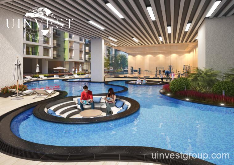 Rendering of Olivz by Danube’s modern residential towers in Al Warsan First, Dubai, featuring neutral-toned façades, landscaped gardens, water features, and swimming pools.