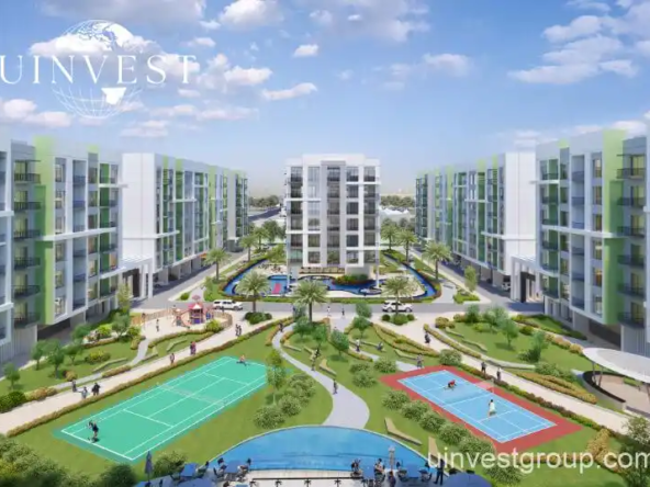 Rendering of Olivz by Danube’s modern residential towers in Al Warsan First, Dubai, featuring neutral-toned façades, landscaped gardens, water features, and swimming pools.