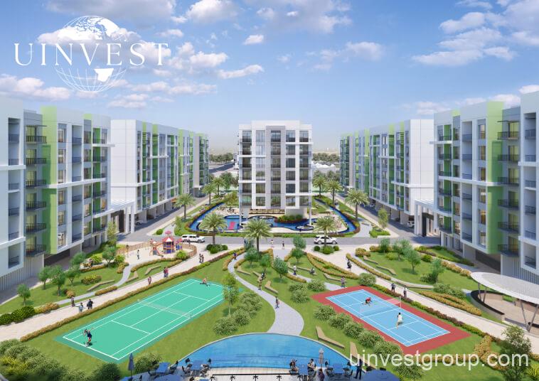 Rendering of Olivz by Danube’s modern residential towers in Al Warsan First, Dubai, featuring neutral-toned façades, landscaped gardens, water features, and swimming pools.