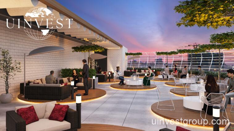 Architectural rendering of Opalz by Danube’s twin 19-storey residential towers in Arjan, Dubai, showcasing neutral-toned façades, private balconies overlooking landscaped water bodies, and integrated leisure facilities.
