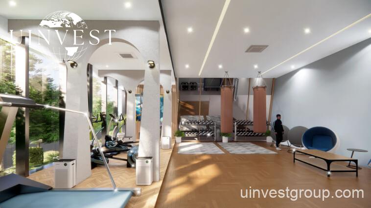 Architectural rendering of Opalz by Danube’s twin 19-storey residential towers in Arjan, Dubai, showcasing neutral-toned façades, private balconies overlooking landscaped water bodies, and integrated leisure facilities.