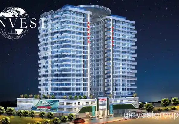 Architectural rendering of Opalz by Danube’s twin 19-storey residential towers in Arjan, Dubai, showcasing neutral-toned façades, private balconies overlooking landscaped water bodies, and integrated leisure facilities.