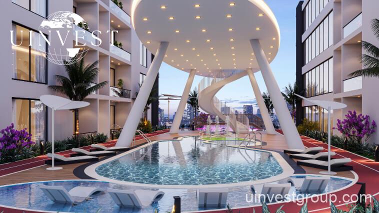 Architectural rendering of Opalz by Danube’s twin 19-storey residential towers in Arjan, Dubai, showcasing neutral-toned façades, private balconies overlooking landscaped water bodies, and integrated leisure facilities.