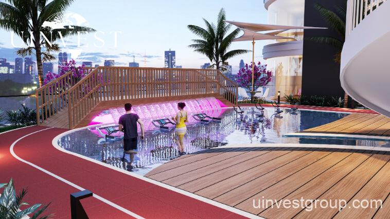 Architectural rendering of Opalz by Danube’s twin 19-storey residential towers in Arjan, Dubai, showcasing neutral-toned façades, private balconies overlooking landscaped water bodies, and integrated leisure facilities.
