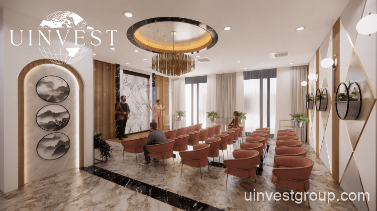 Architectural rendering of Opalz by Danube’s twin 19-storey residential towers in Arjan, Dubai, showcasing neutral-toned façades, private balconies overlooking landscaped water bodies, and integrated leisure facilities.