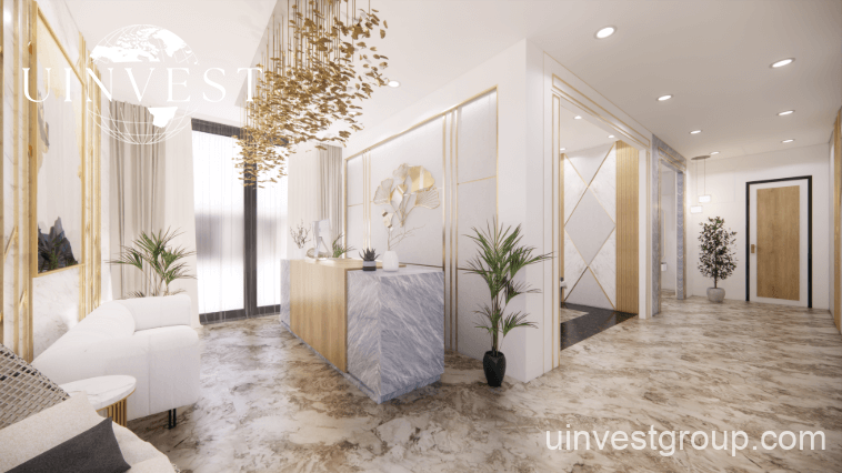 Architectural rendering of Opalz by Danube’s twin 19-storey residential towers in Arjan, Dubai, showcasing neutral-toned façades, private balconies overlooking landscaped water bodies, and integrated leisure facilities.