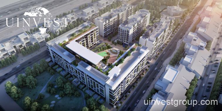 Rendering of Petalz by Danube in Al Warsan First, Dubai, showing modern mid-rise residential buildings with private pools, landscaped gardens, walking paths, outdoor cinema, eco-friendly features, and water bodies.