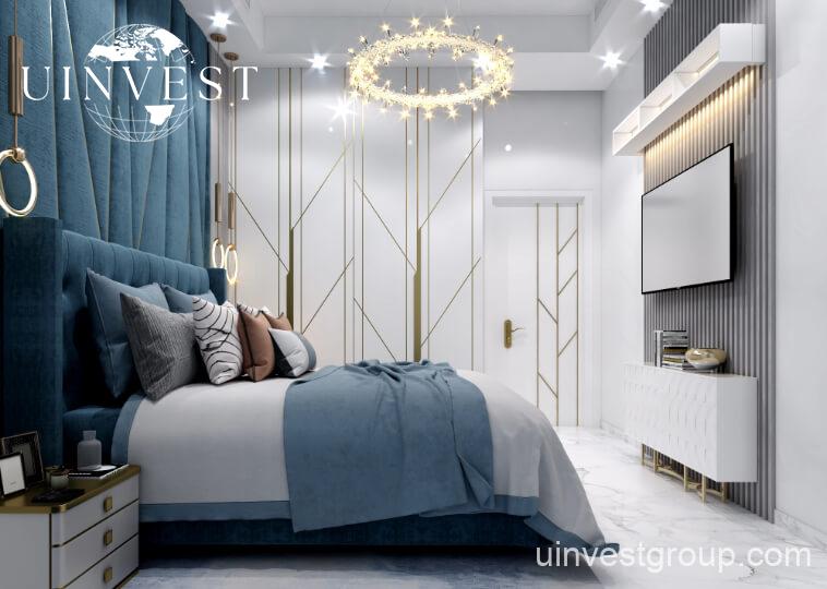 Rendering of Petalz by Danube in Al Warsan First, Dubai, showing modern mid-rise residential buildings with private pools, landscaped gardens, walking paths, outdoor cinema, eco-friendly features, and water bodies.
