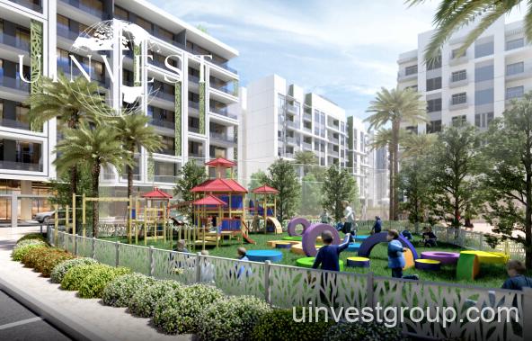 Rendering of Petalz by Danube in Al Warsan First, Dubai, showing modern mid-rise residential buildings with private pools, landscaped gardens, walking paths, outdoor cinema, eco-friendly features, and water bodies.