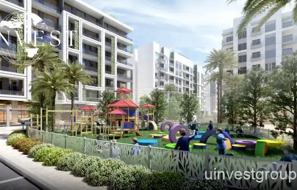 Rendering of Petalz by Danube in Al Warsan First, Dubai, showing modern mid-rise residential buildings with private pools, landscaped gardens, walking paths, outdoor cinema, eco-friendly features, and water bodies.