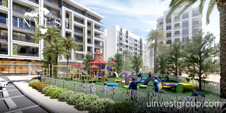 Rendering of Petalz by Danube in Al Warsan First, Dubai, showing modern mid-rise residential buildings with private pools, landscaped gardens, walking paths, outdoor cinema, eco-friendly features, and water bodies.