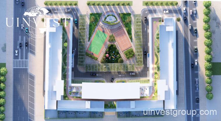 Rendering of Petalz by Danube in Al Warsan First, Dubai, showing modern mid-rise residential buildings with private pools, landscaped gardens, walking paths, outdoor cinema, eco-friendly features, and water bodies.