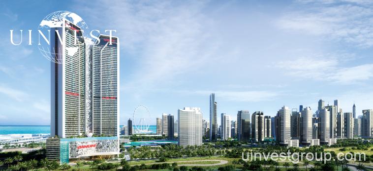 “Exterior view of Diamondz by Danube, a luxury residential tower in Jumeirah Lake Towers, Dubai.”