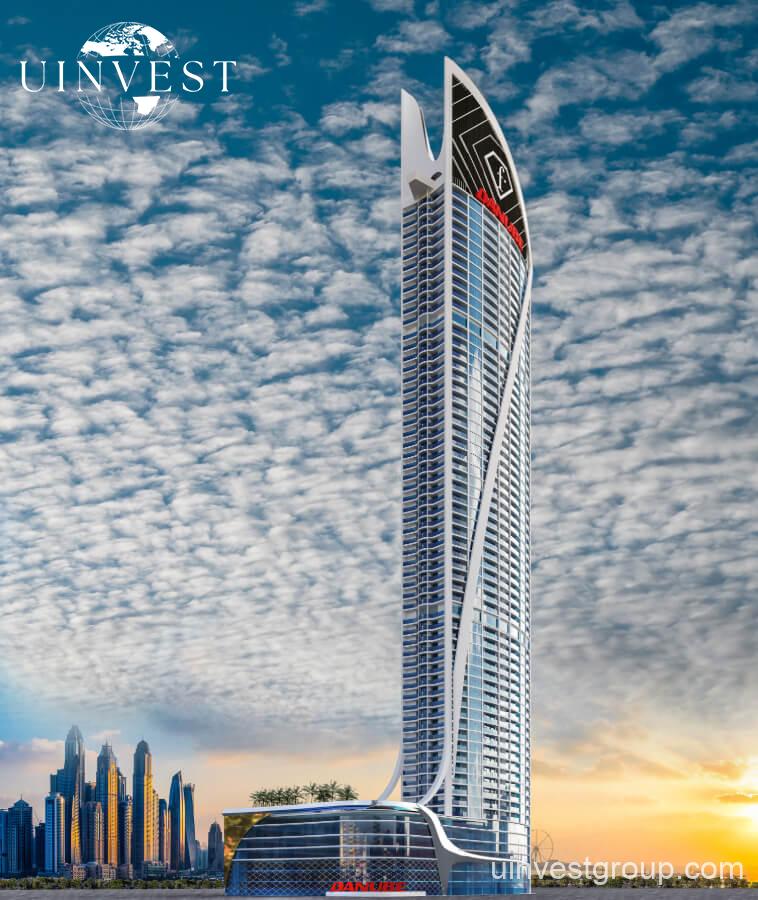 62-storey Fashionz tower with FashionTV branding under clear blue skies in Jumeirah Village Triangle, Dubai.