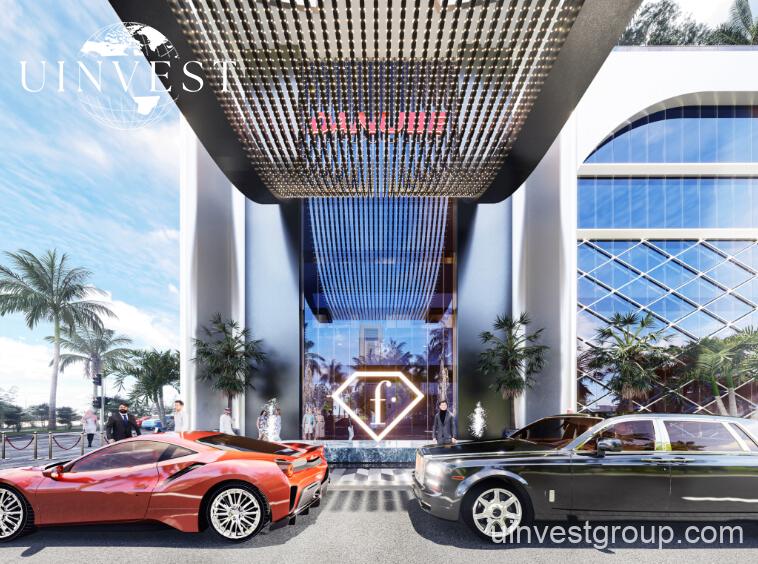 62-storey Fashionz tower with FashionTV branding under clear blue skies in Jumeirah Village Triangle, Dubai.