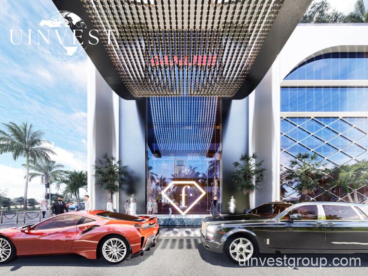 62-storey Fashionz tower with FashionTV branding under clear blue skies in Jumeirah Village Triangle, Dubai.