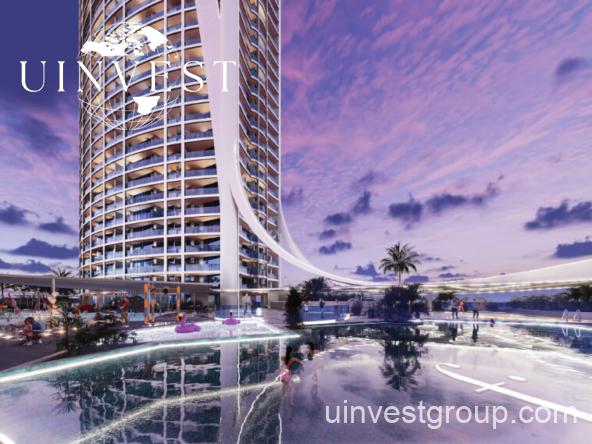 62-storey Fashionz tower with FashionTV branding under clear blue skies in Jumeirah Village Triangle, Dubai.