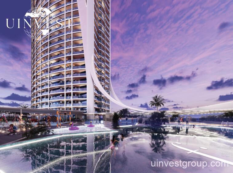 62-storey Fashionz tower with FashionTV branding under clear blue skies in Jumeirah Village Triangle, Dubai.