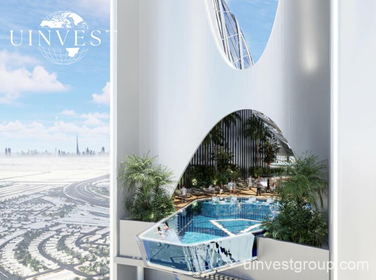 62-storey Fashionz tower with FashionTV branding under clear blue skies in Jumeirah Village Triangle, Dubai.